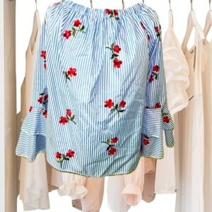 NWT Flores off the shoulder, blue & white striped embroidered top, 3X